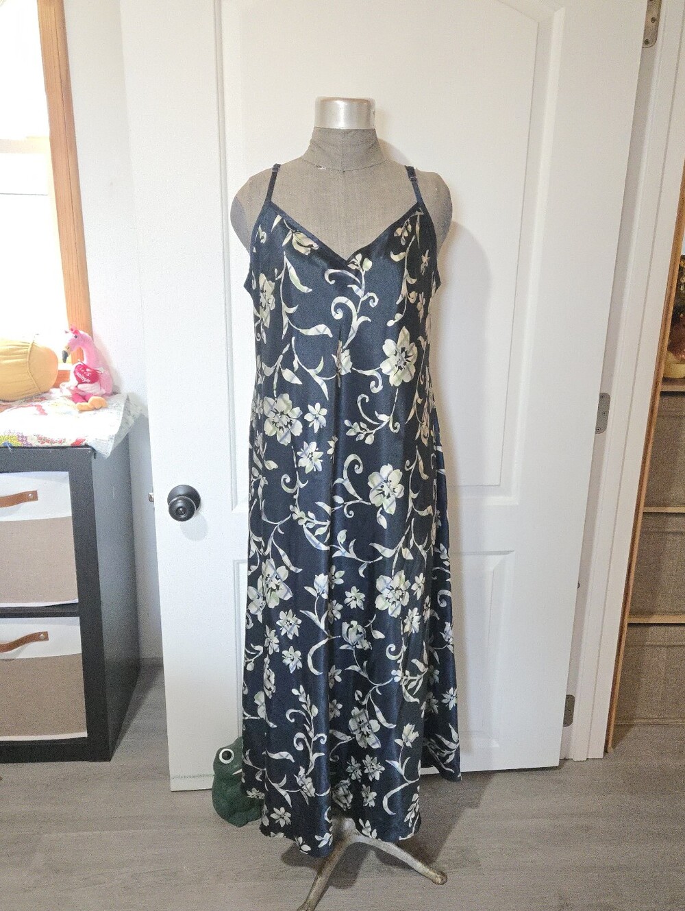 Halston Navy Floral Satin Slip Maxi Nightgown, SIZE 1X